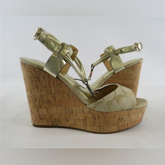 Coach Linen Monogram Platform Wedge Cork Heels Ivory Gold Metallic Size 8.5M - Picture 1 of 6